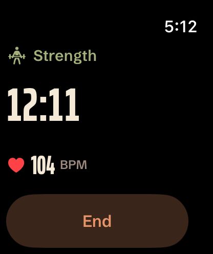 A strength workout on Apple Watch showing elapsed time and heart rate.