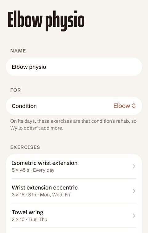 A physio program for the elbow with three exercises, each with its dose and days.