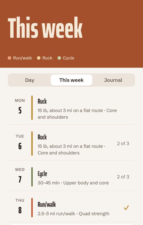 The This week screen with a planned activity for every day, Monday to Sunday.