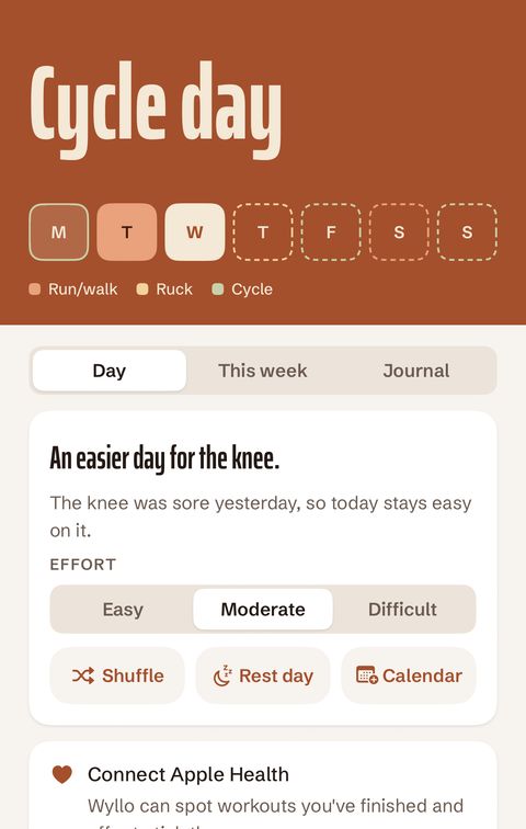 Wyllow's Day screen planning an easy cycle day because the knee was sore yesterday.
